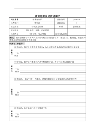 销售部部长岗位说明书