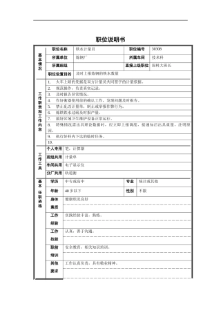 炼钢厂技术科铁水计量员职位说明书