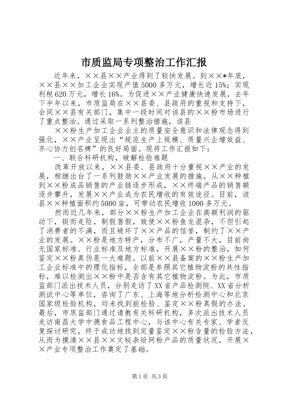 市质监局专项整治工作汇报 _第1页