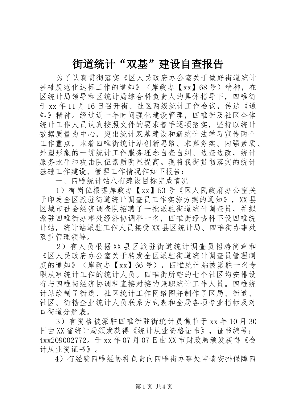 街道统计“双基”建设自查报告 _第1页
