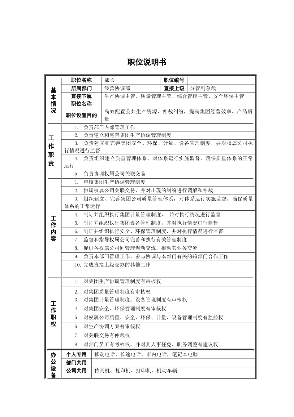 经营协调部_部长_岗位说明书_第1页