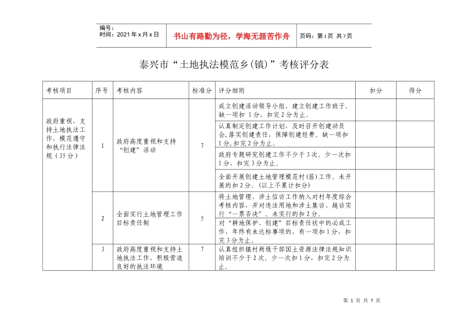 泰兴市“土地执法模范乡(镇)”考核评分表_第1页