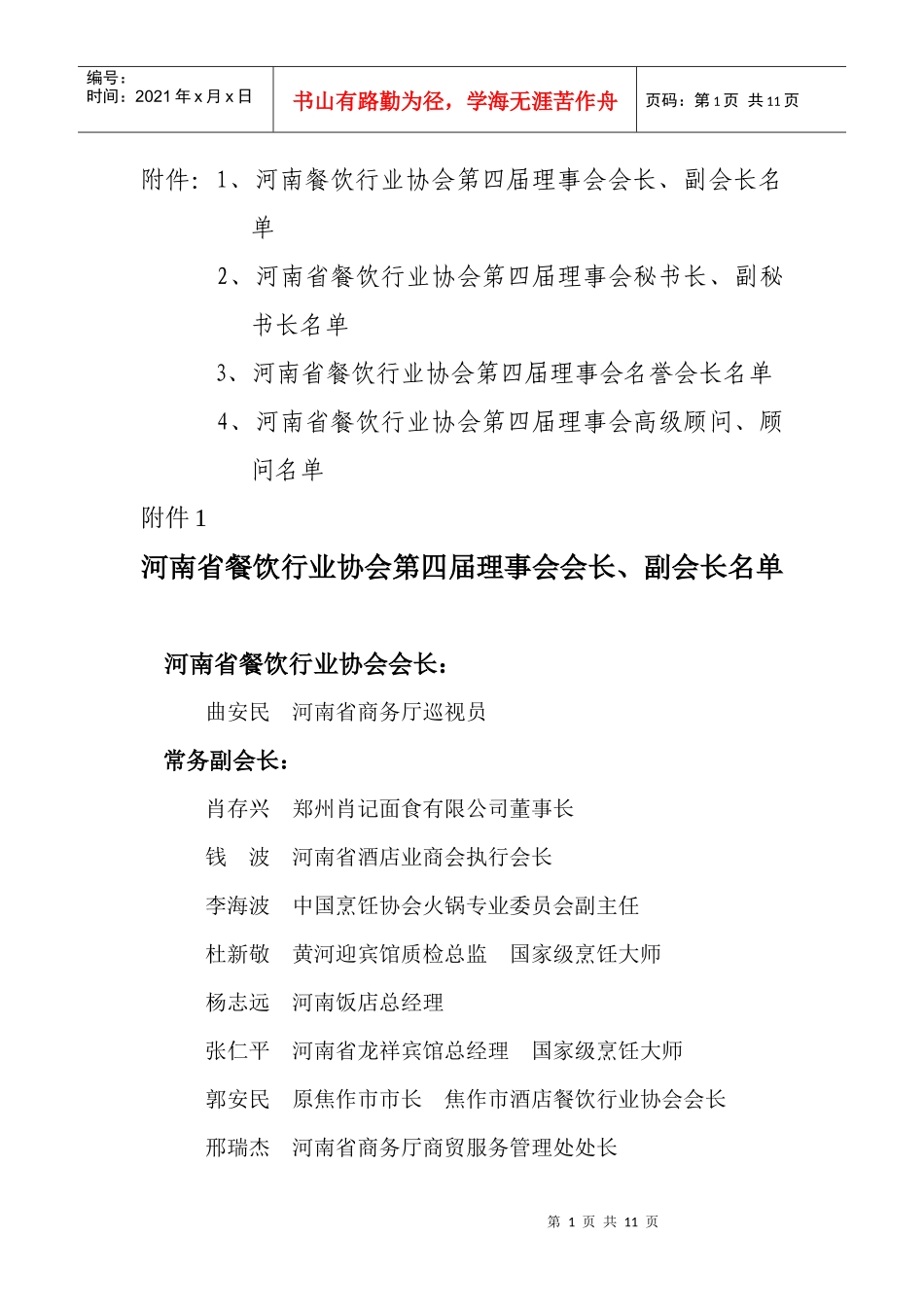 河南省餐饮行业协会第四届理事会会长、副会长、秘书长、副秘书长_第1页