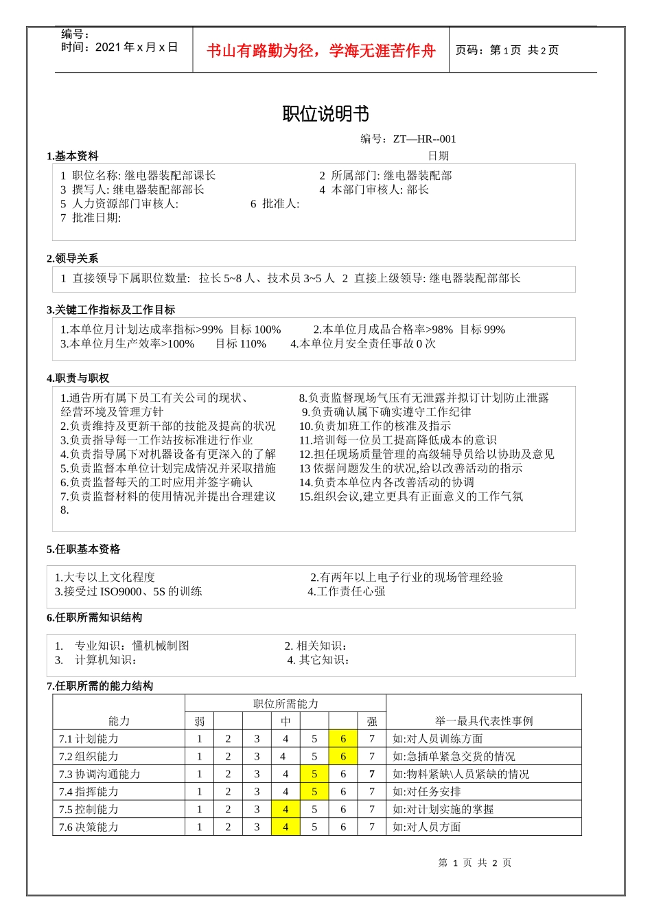 继电器装配部课长职位说明书_第1页