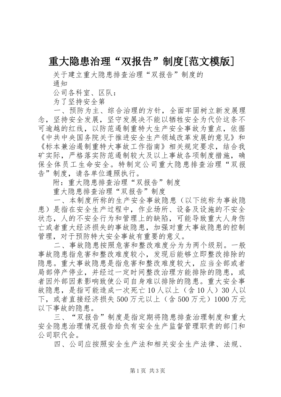 重大隐患治理“双报告”规章制度[范文模版] _第1页