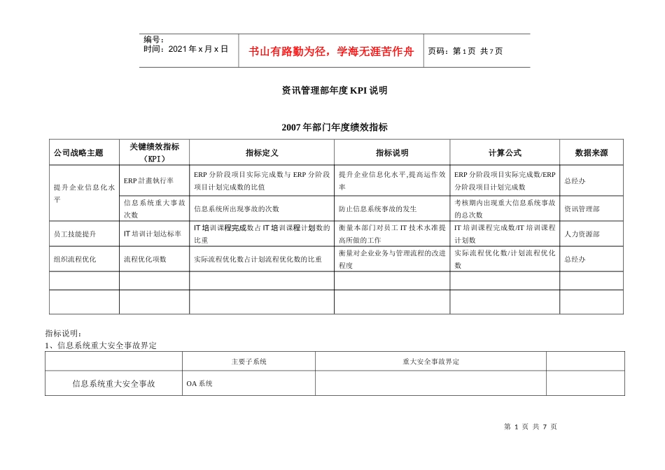 金德实业资讯管理部年度KPI考核表2_第1页