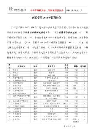 广州医学院XXXX年招聘计划