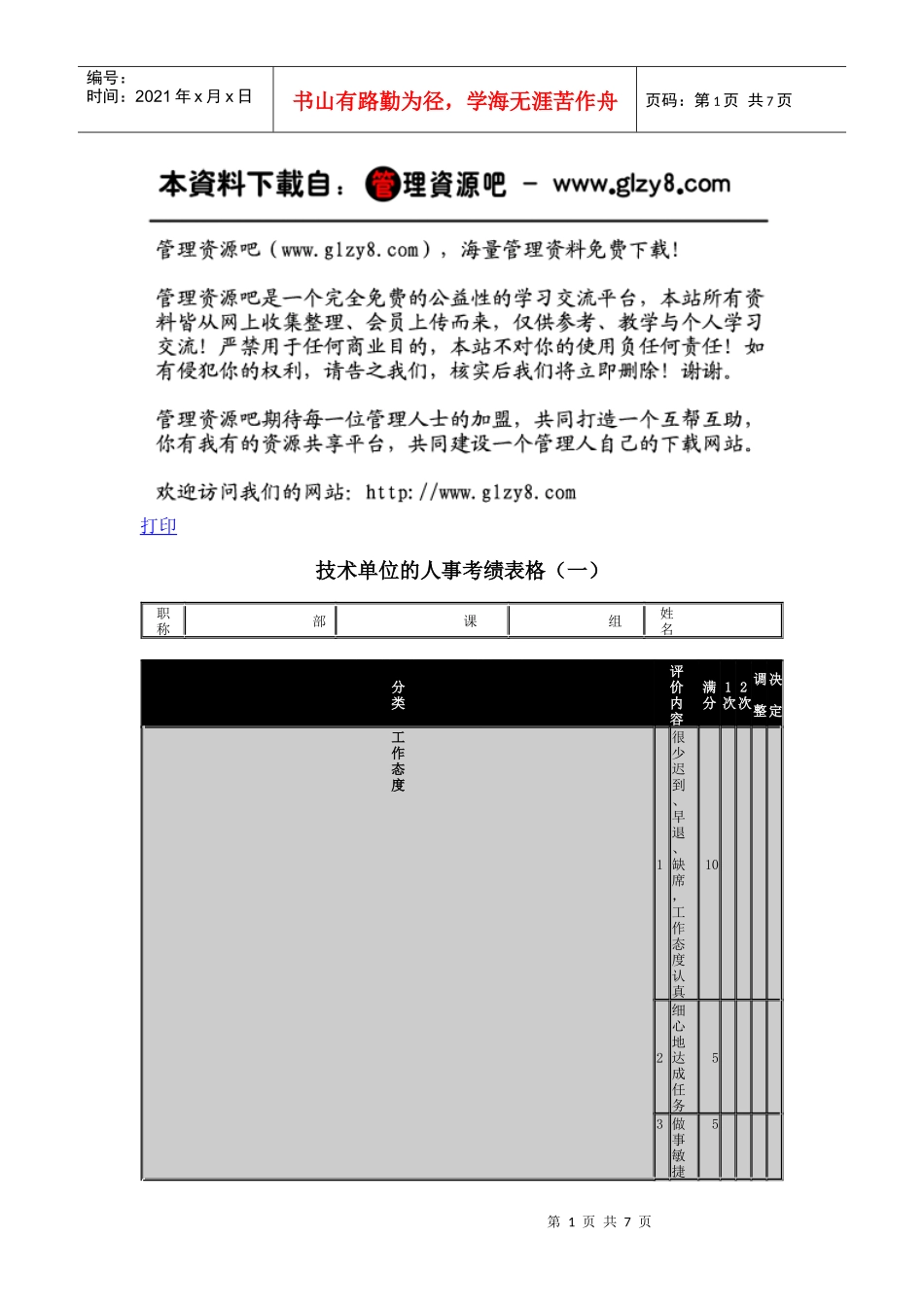 技术单位的人事考绩表格（一）_第1页