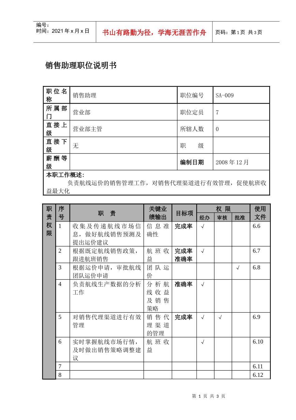 某航空物流公司销售助理职位说明书及关键绩效标准_第1页