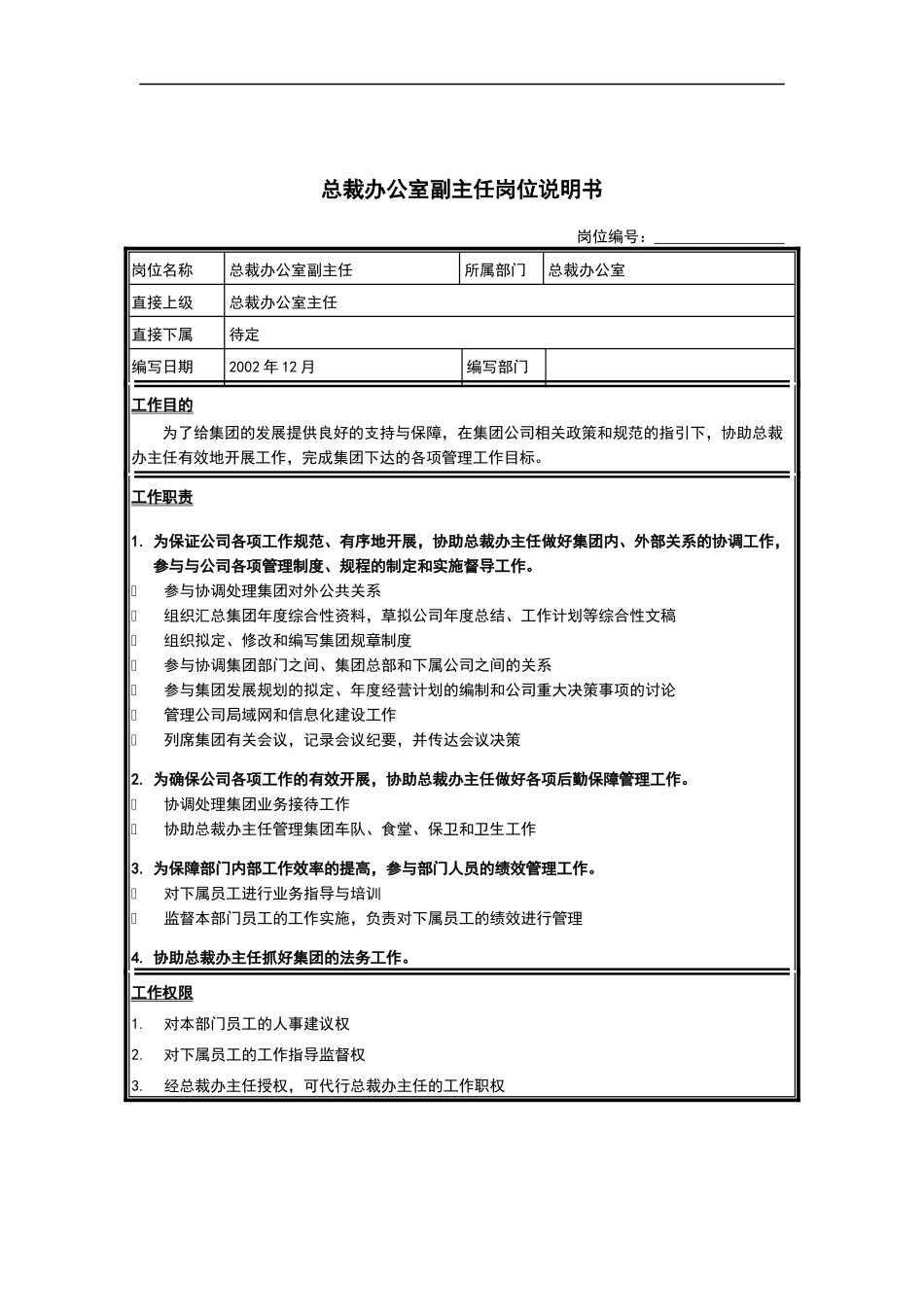 总裁办副主任岗位说明书_第1页