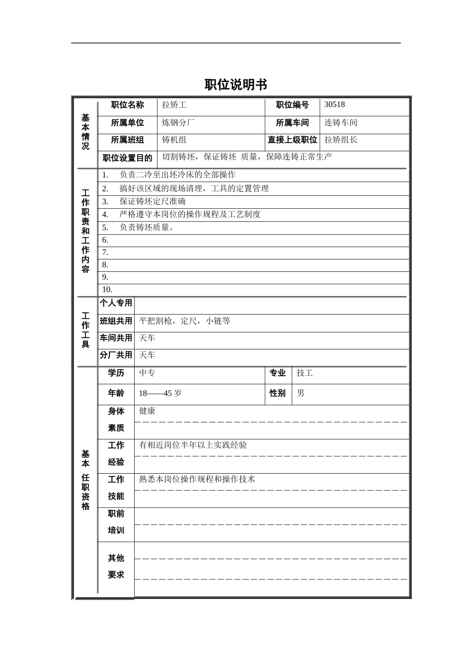 炼钢分厂拉矫工职位说明书_第1页