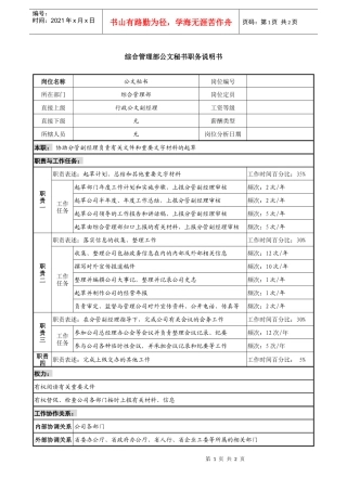 某投资公司综合管理部公文秘书职务说明书