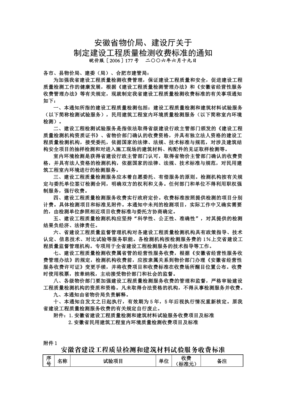 安徽省建设工程质量检测和建筑材料试验服务收费标准_第1页