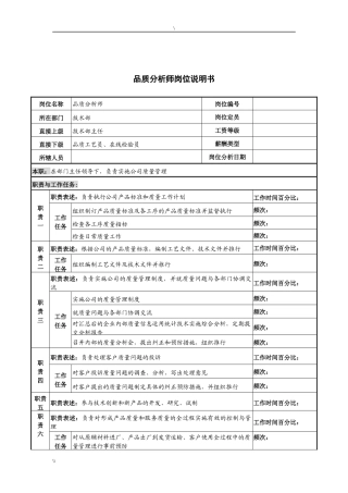 河北纪元光电公司技术部品质分析师岗位说明书