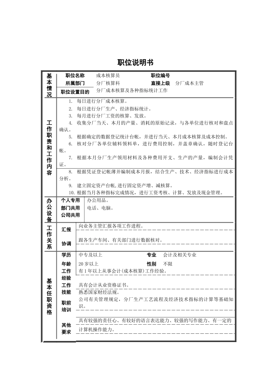 某钢铁公司财务部各职位说明书_第1页