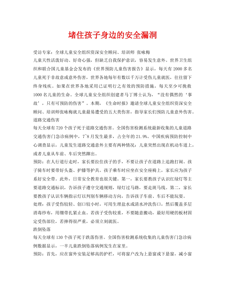 《安全常识-灾害防范》之堵住孩子身边的安全漏洞 _第1页