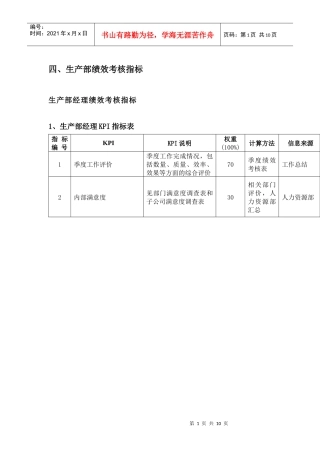 生产部绩效考核指标