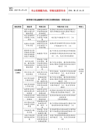 投资银行部金融顾问专责任务绩效指标