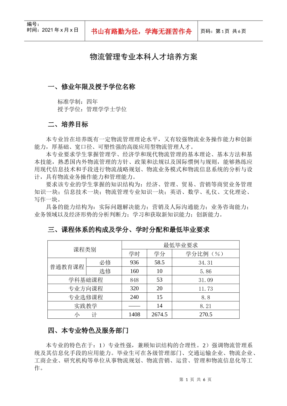 物流管理专业本科人才培养方案(doc6)(1)_第1页