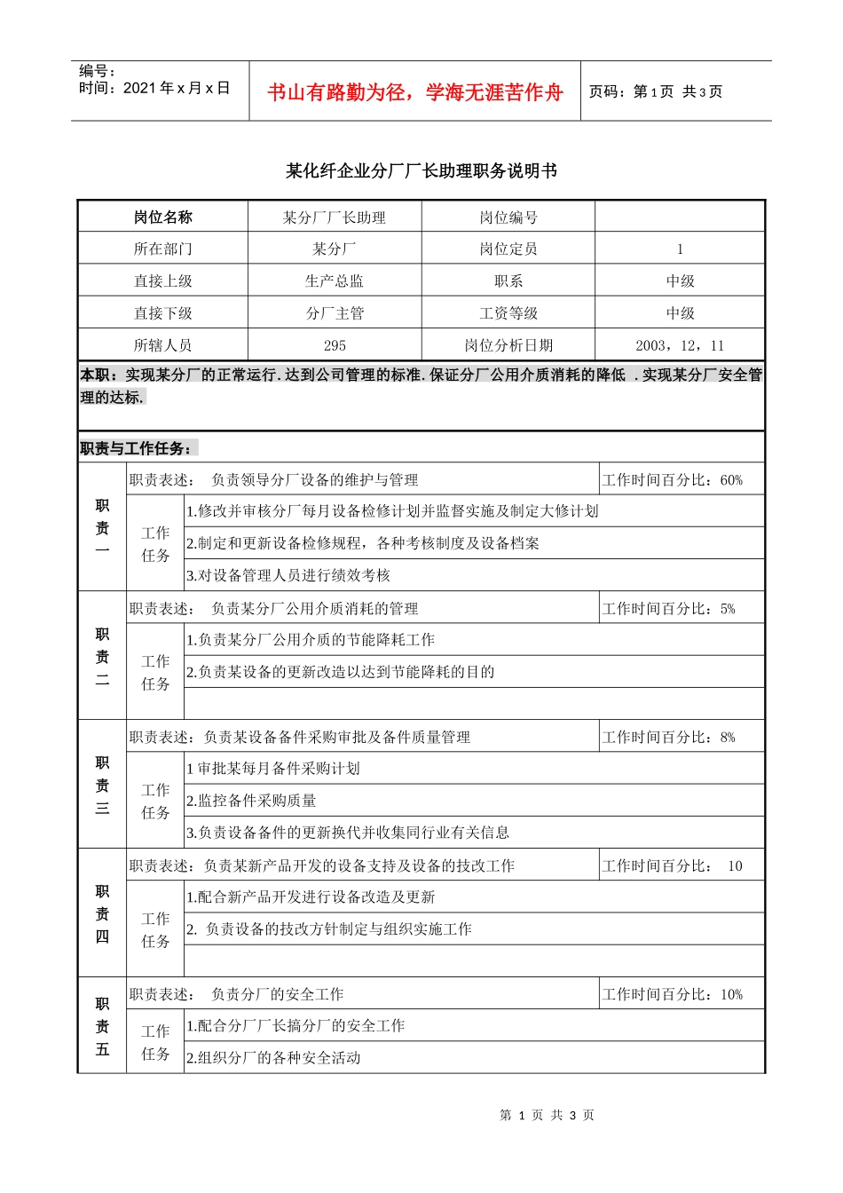 某化纤企业长丝厂厂长助理职务说明书_第1页