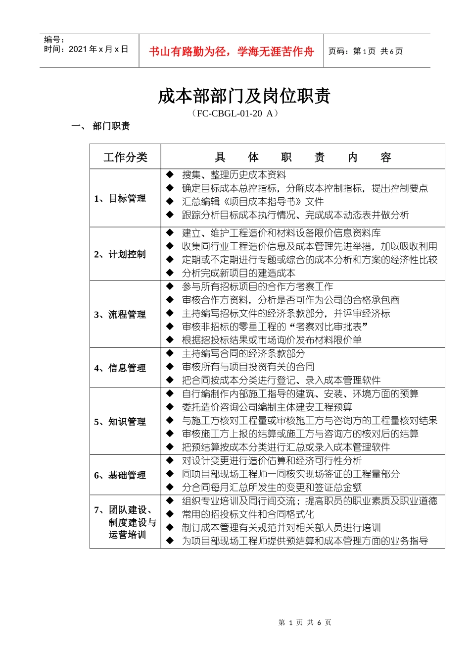 成本部部门及岗位职责_第1页