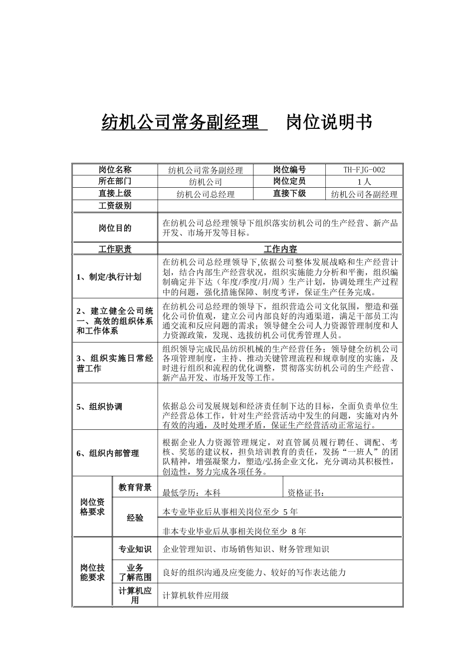 纺机公司常务副经理岗位说明书_第1页