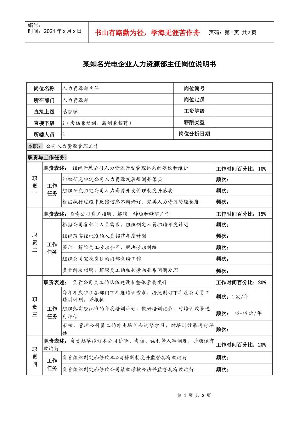 某知名光电企业人力资源部主任岗位说明书_第1页