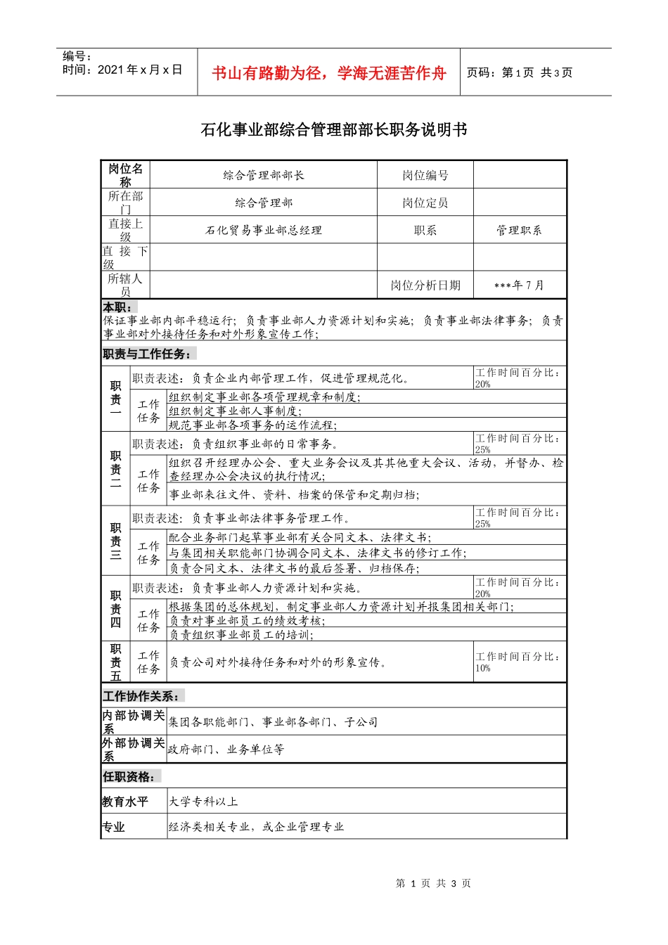 石化事业部综合管理部部长职务说明书_第1页