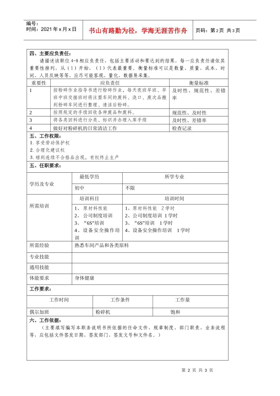 某大型汽车零部件公司粉碎工职位说明书_第2页