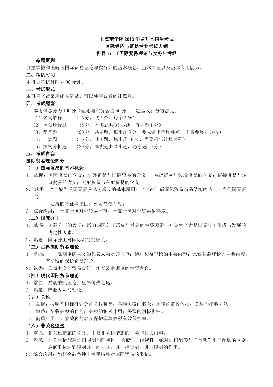 上海商学院X年专升本招生考试 国际经济与贸易专业考试大纲_第1页