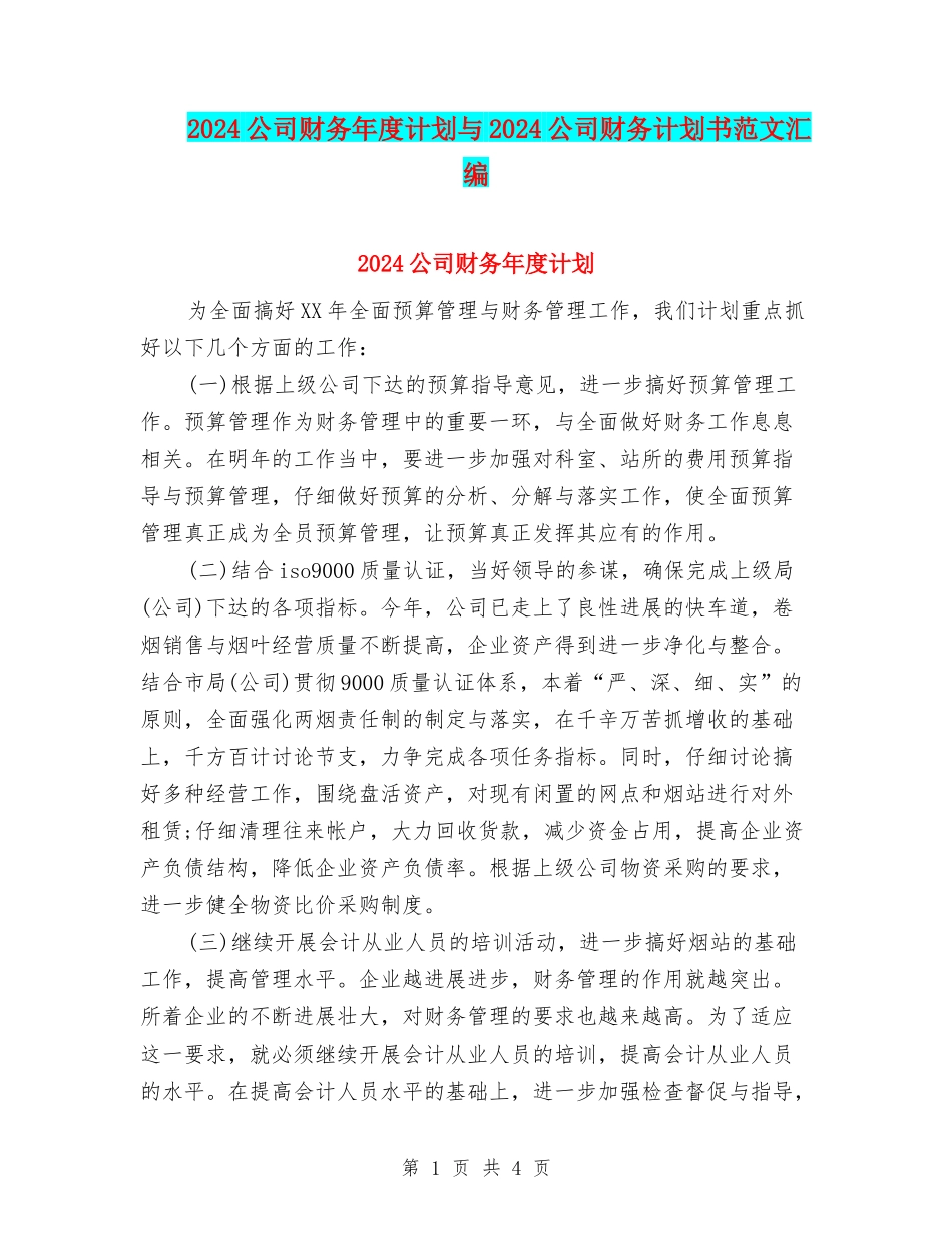 2024公司财务年度计划与2024公司财务计划书范文汇编_第1页