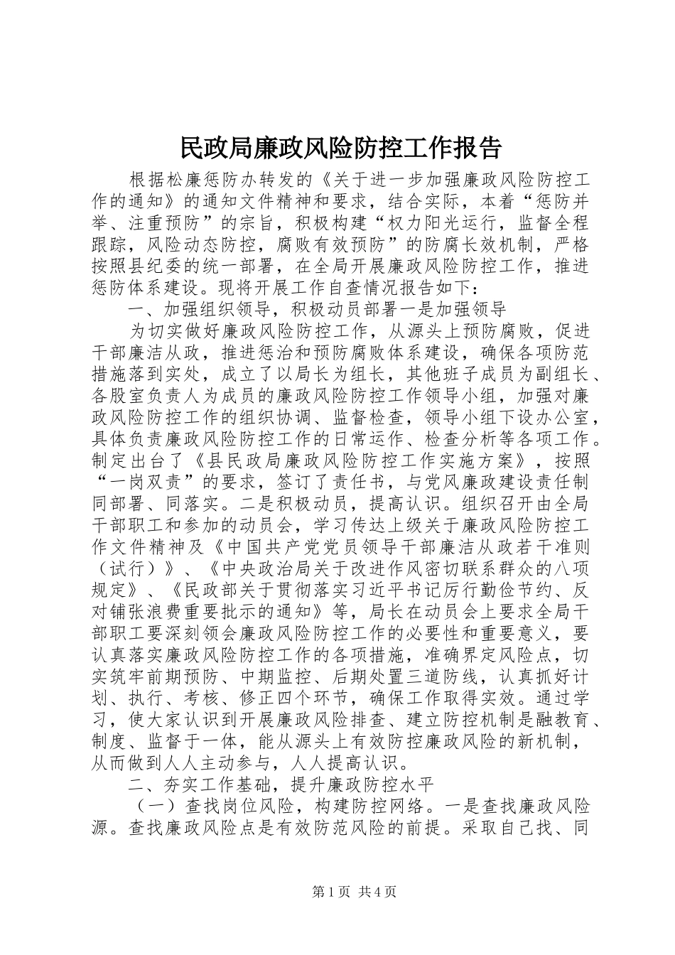 民政局廉政风险防控工作报告 _第1页