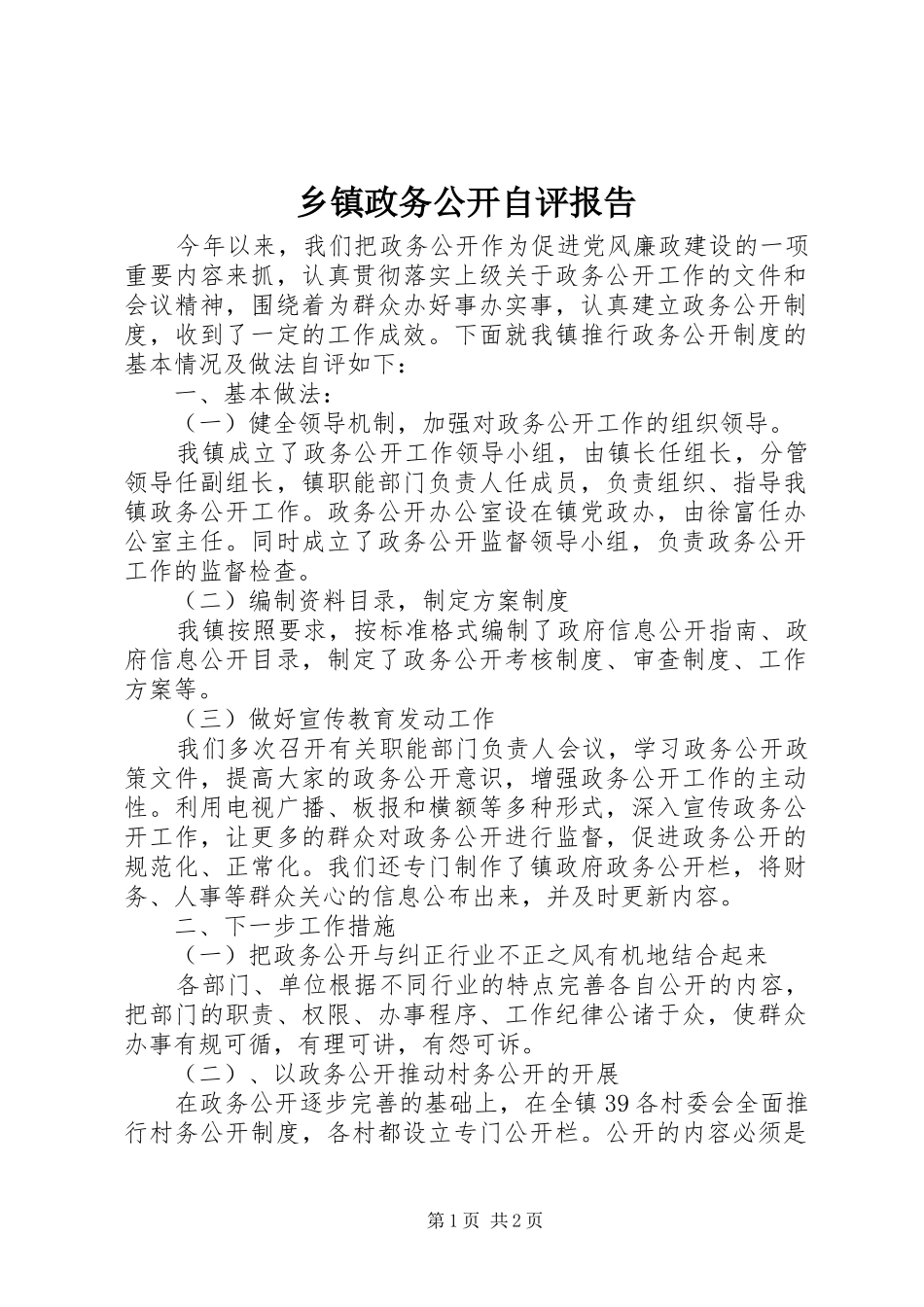 乡镇政务公开自评报告 _第1页