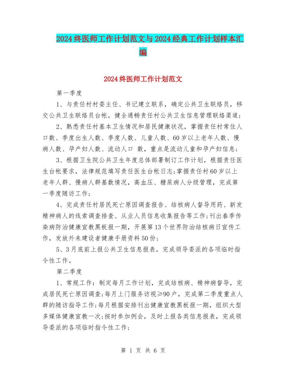 2024终医师工作计划范文与2024经典工作计划样本汇编_第1页