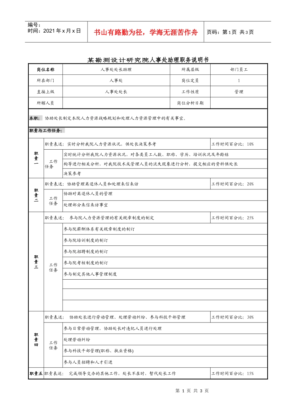 某勘测设计研究院人事处助理职务说明书_第1页