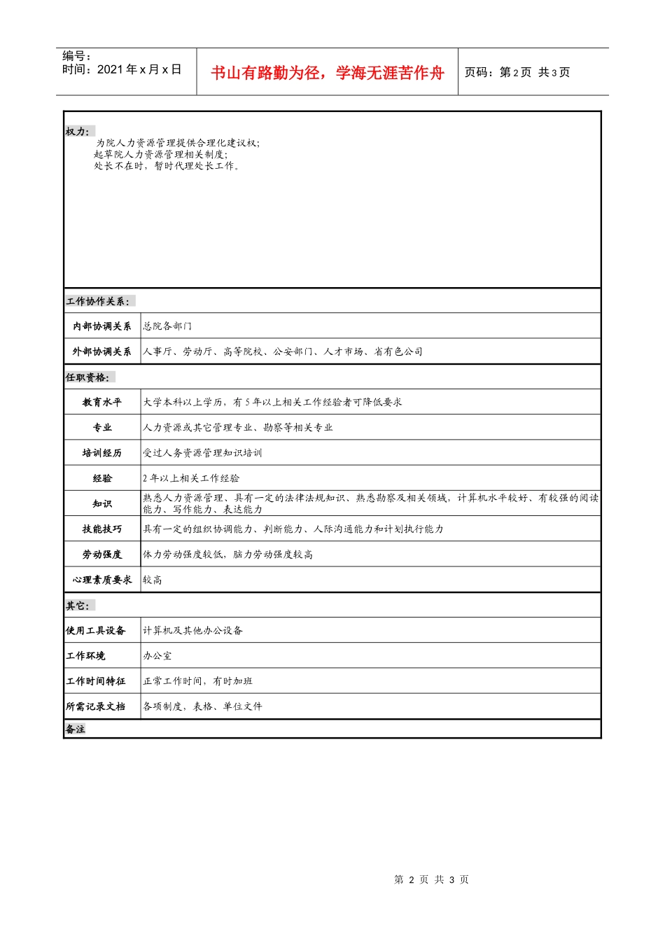 某勘测设计研究院人事处助理职务说明书_第2页