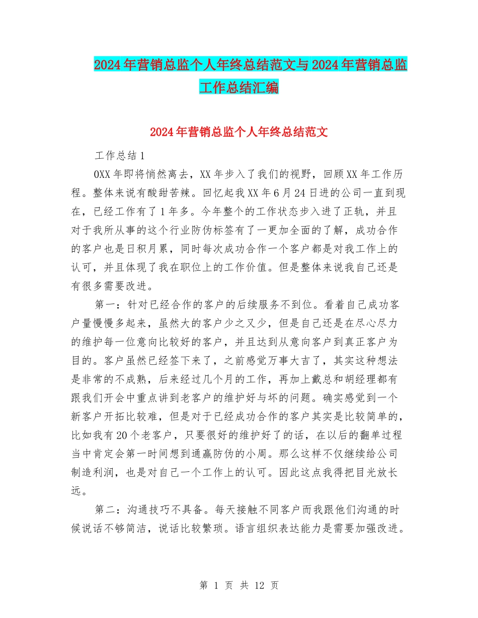 2024年营销总监个人年终总结范文与2024年营销总监工作总结汇编_第1页
