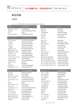 职位列表中英文对照