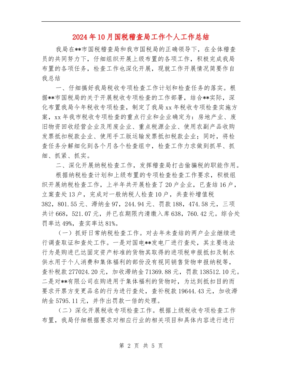 2024年10月国税稽查局工作个人工作总结_第2页