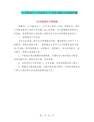 12月份会计工作总结与12月份出纳工作总结汇编