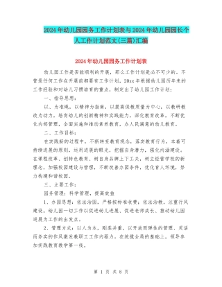 2024年幼儿园园务工作计划表与2024年幼儿园园长个人工作计划范文汇编