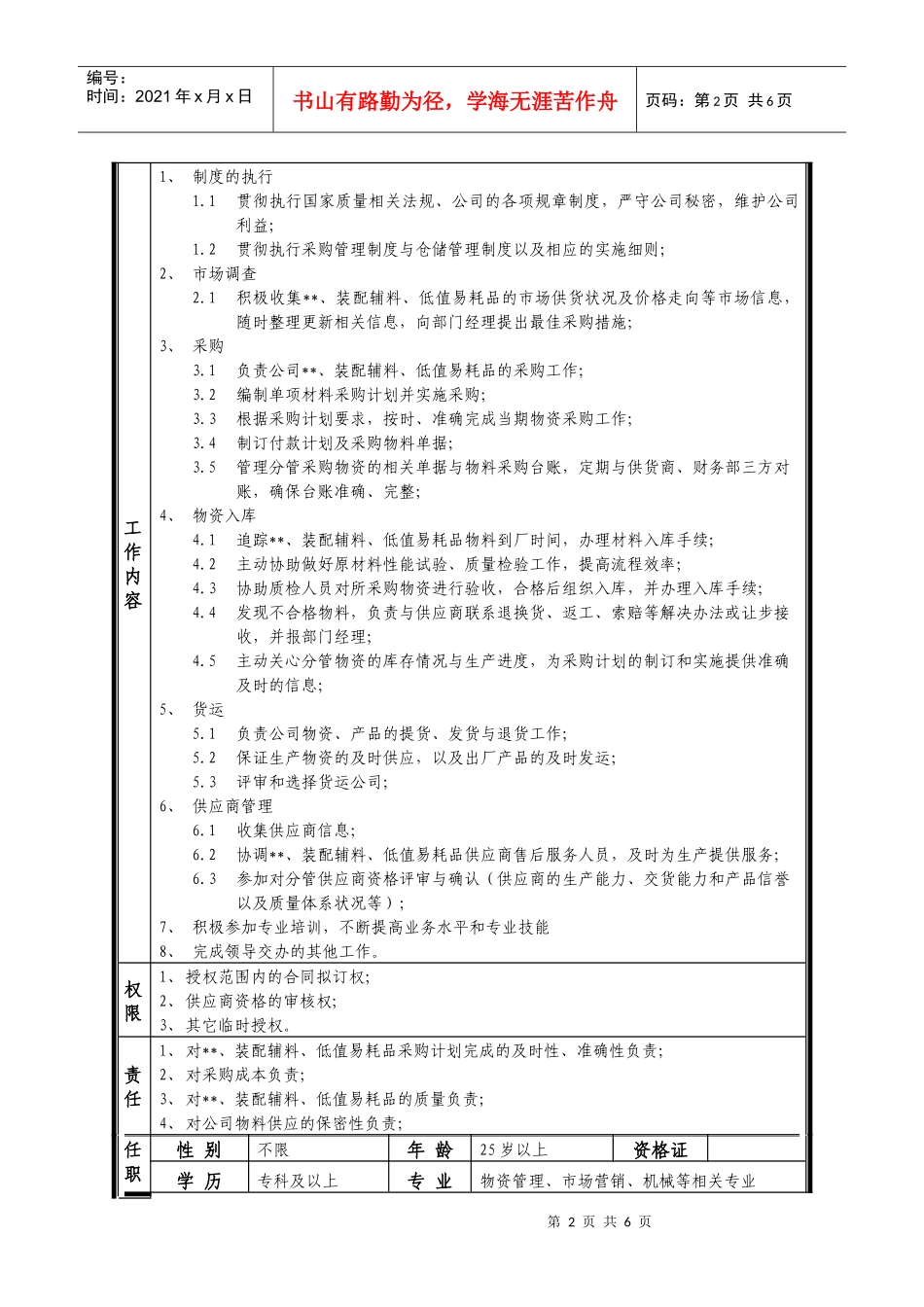 某中型制造业辅料采购岗位说明书及KPI指标_第2页
