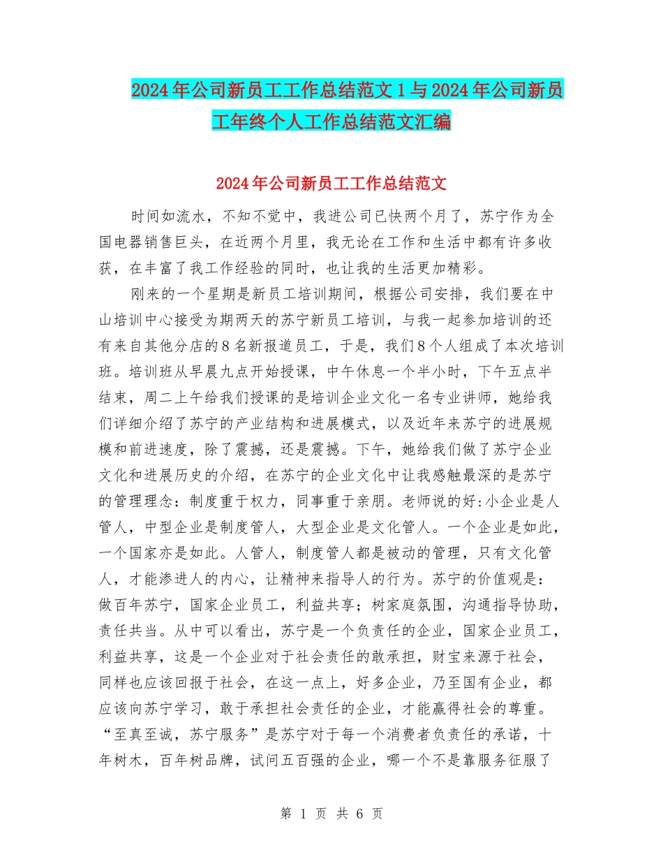 2024年公司新员工工作总结范文1与2024年公司新员工年终个人工作总结范文汇编_第1页