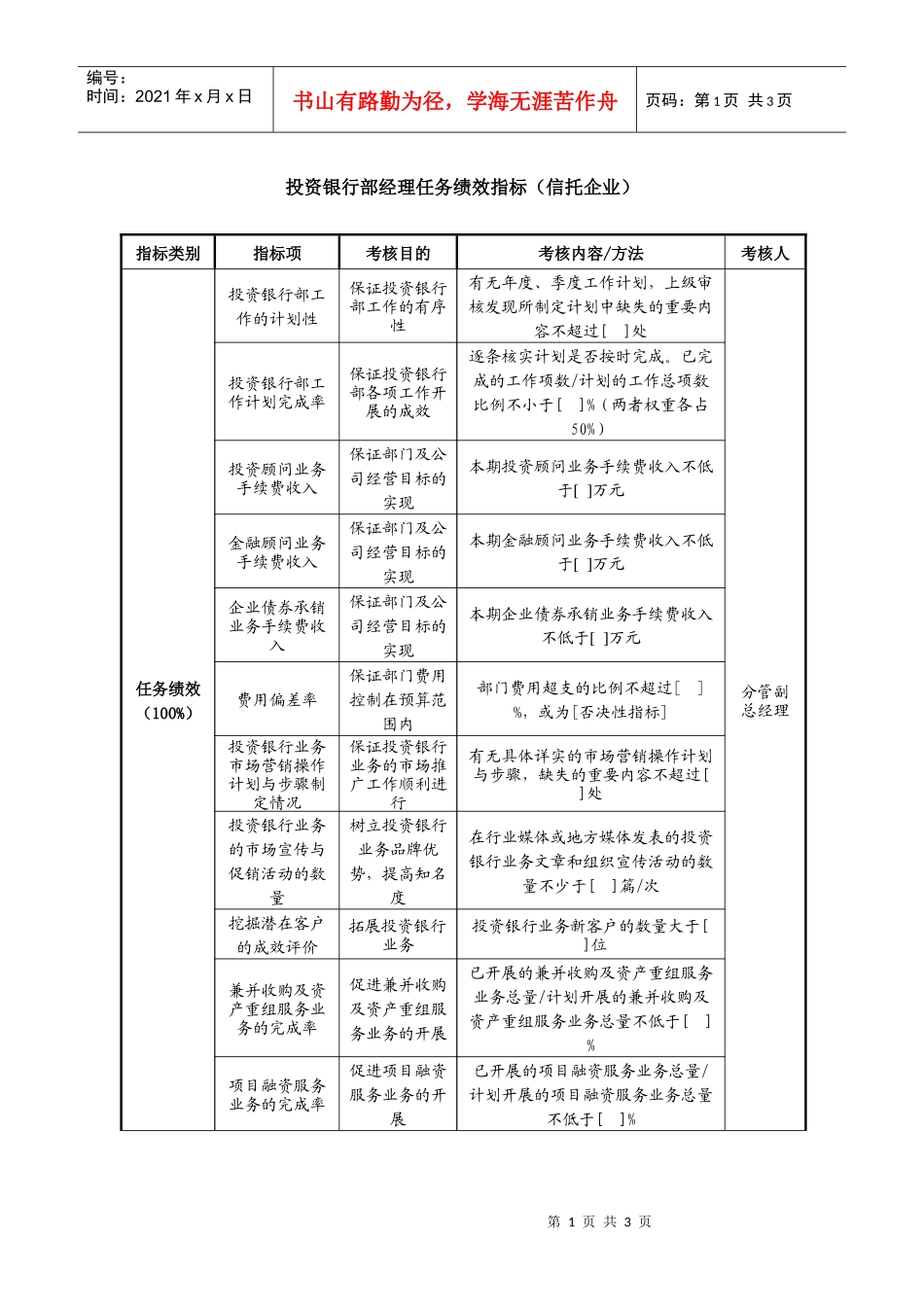 投资银行部经理任务绩效指标_第1页