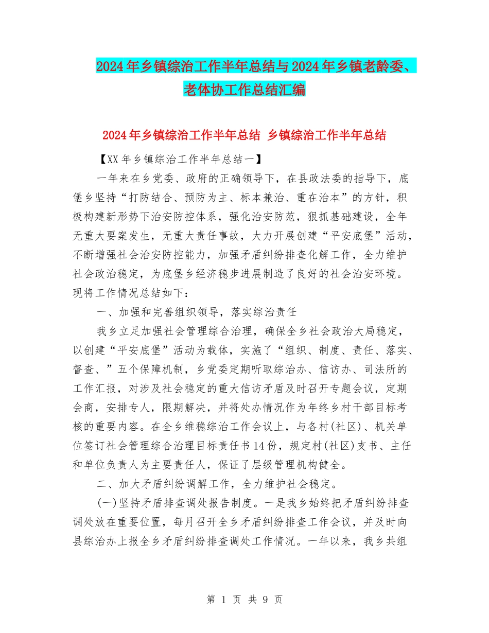 2024年乡镇综治工作半年总结与2024年乡镇老龄委、老体协工作总结汇编_第1页