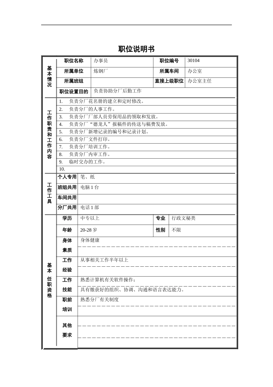 炼钢厂办事员职位说明书_第1页