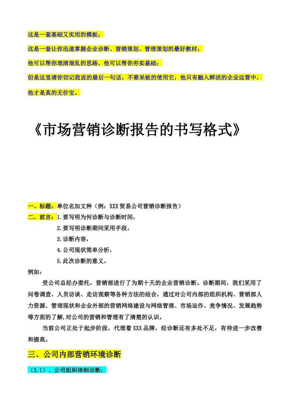 市场营销诊断报告的书写格式(1)_第1页