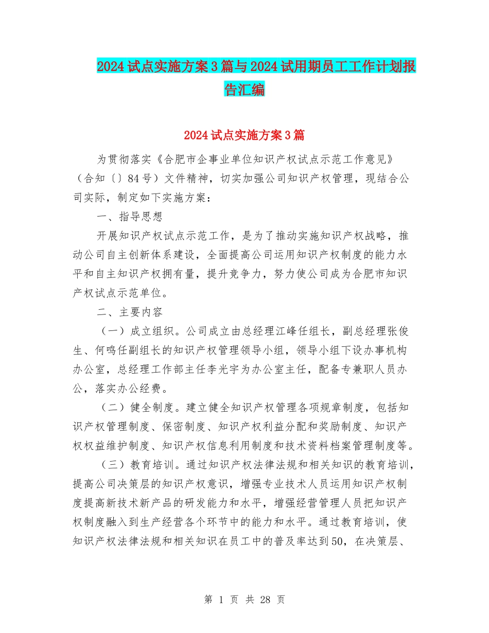 2024试点实施方案3篇与2024试用期员工工作计划报告汇编_第1页