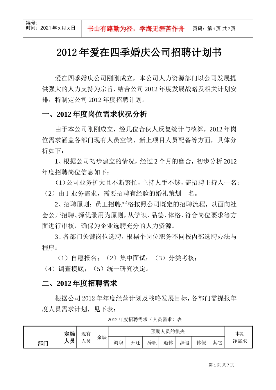 某某婚庆公司招聘计划书_第1页