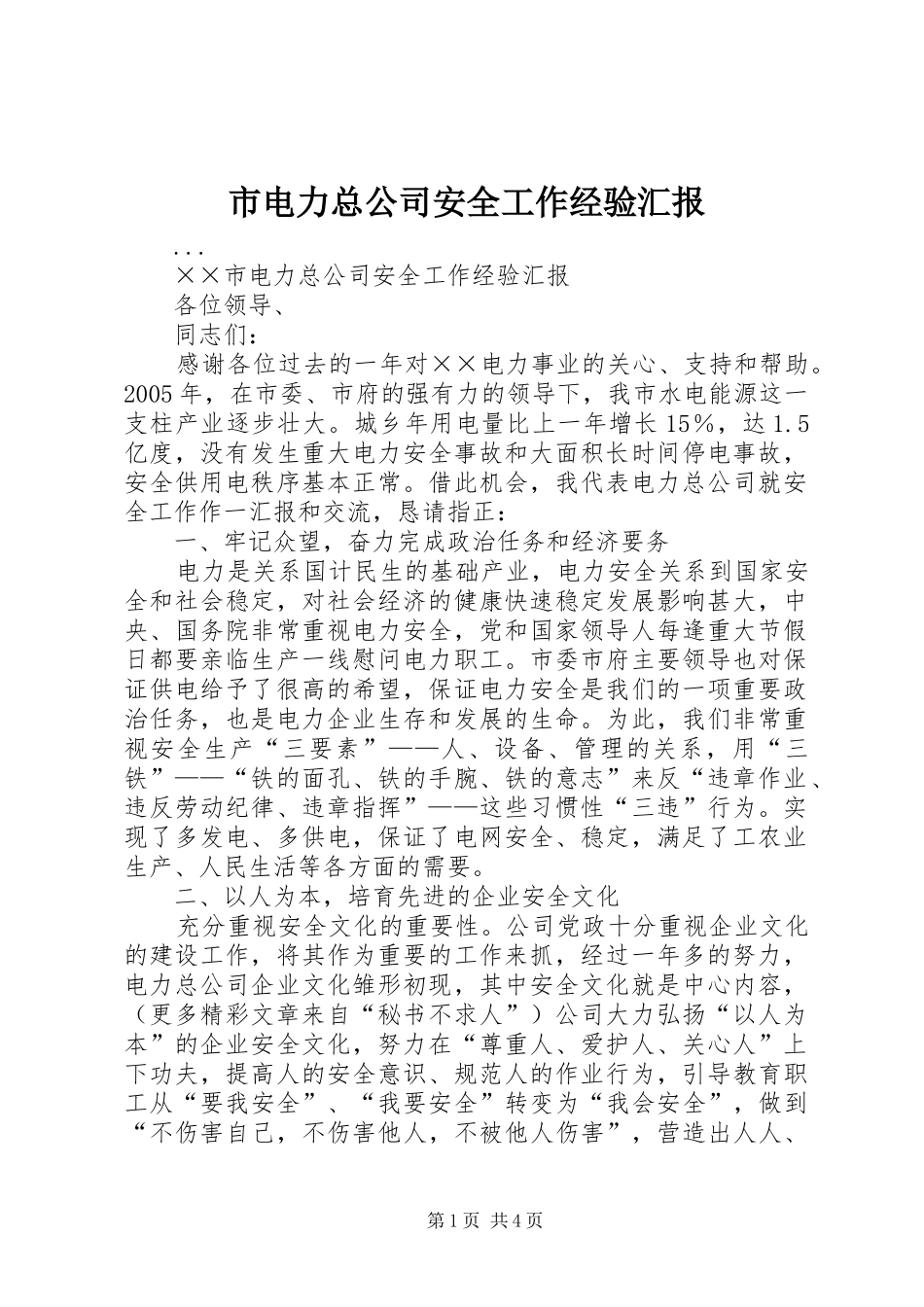 市电力总公司安全工作经验汇报 _第1页